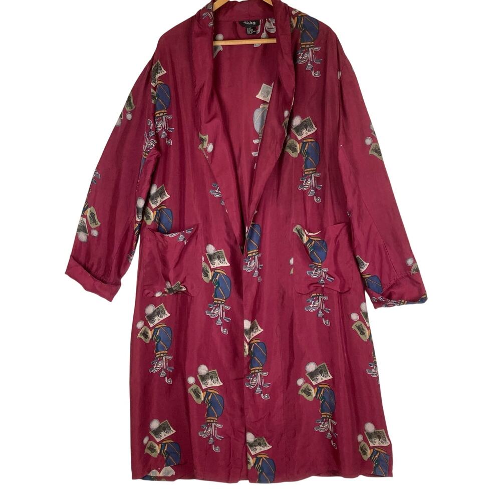 VTG Volare 100% Silk Long Robe Men OS Burgundy Golf Clubs Bag Balls Pockets Cuff